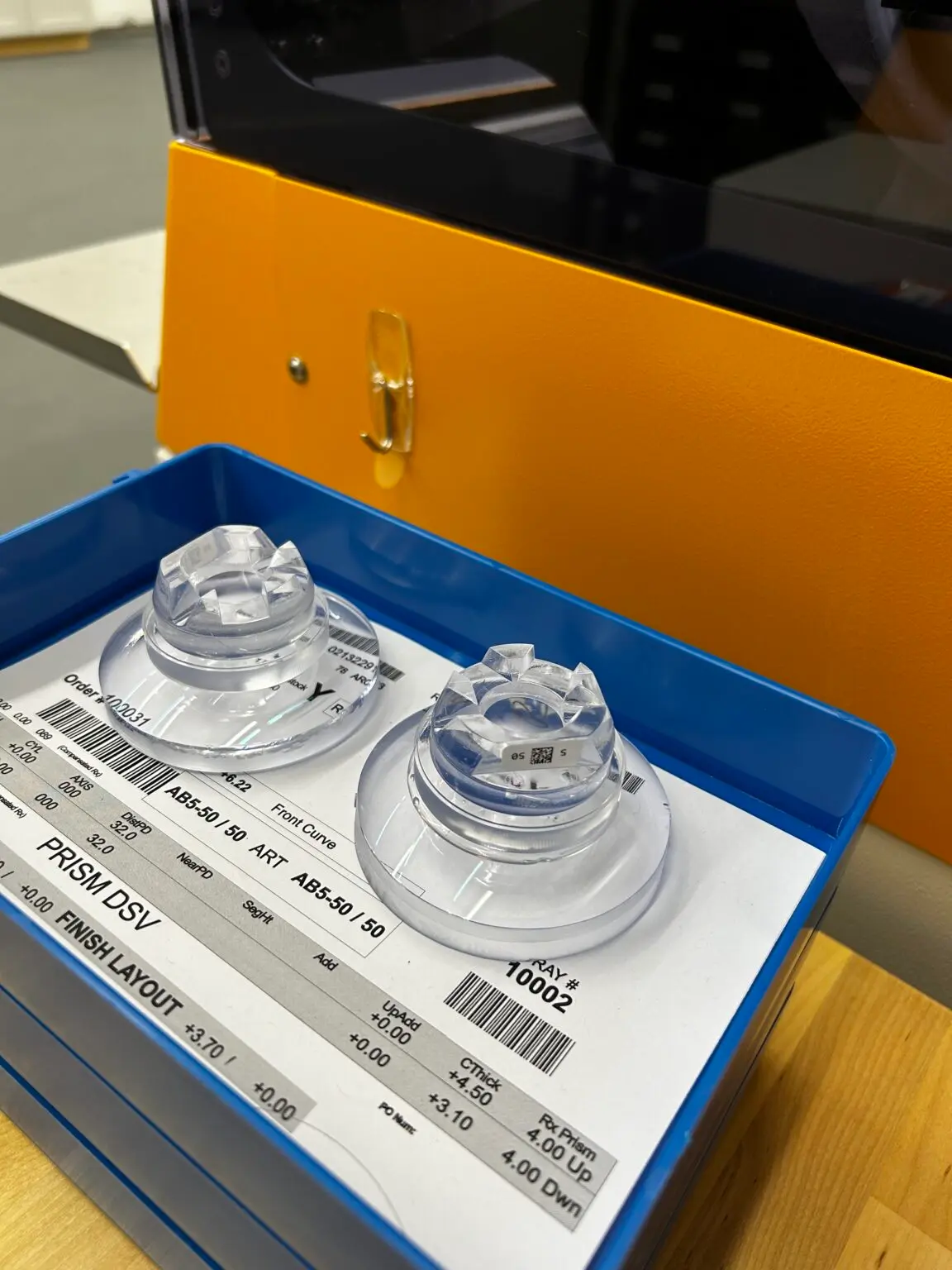 Blocked lenses ready for processing